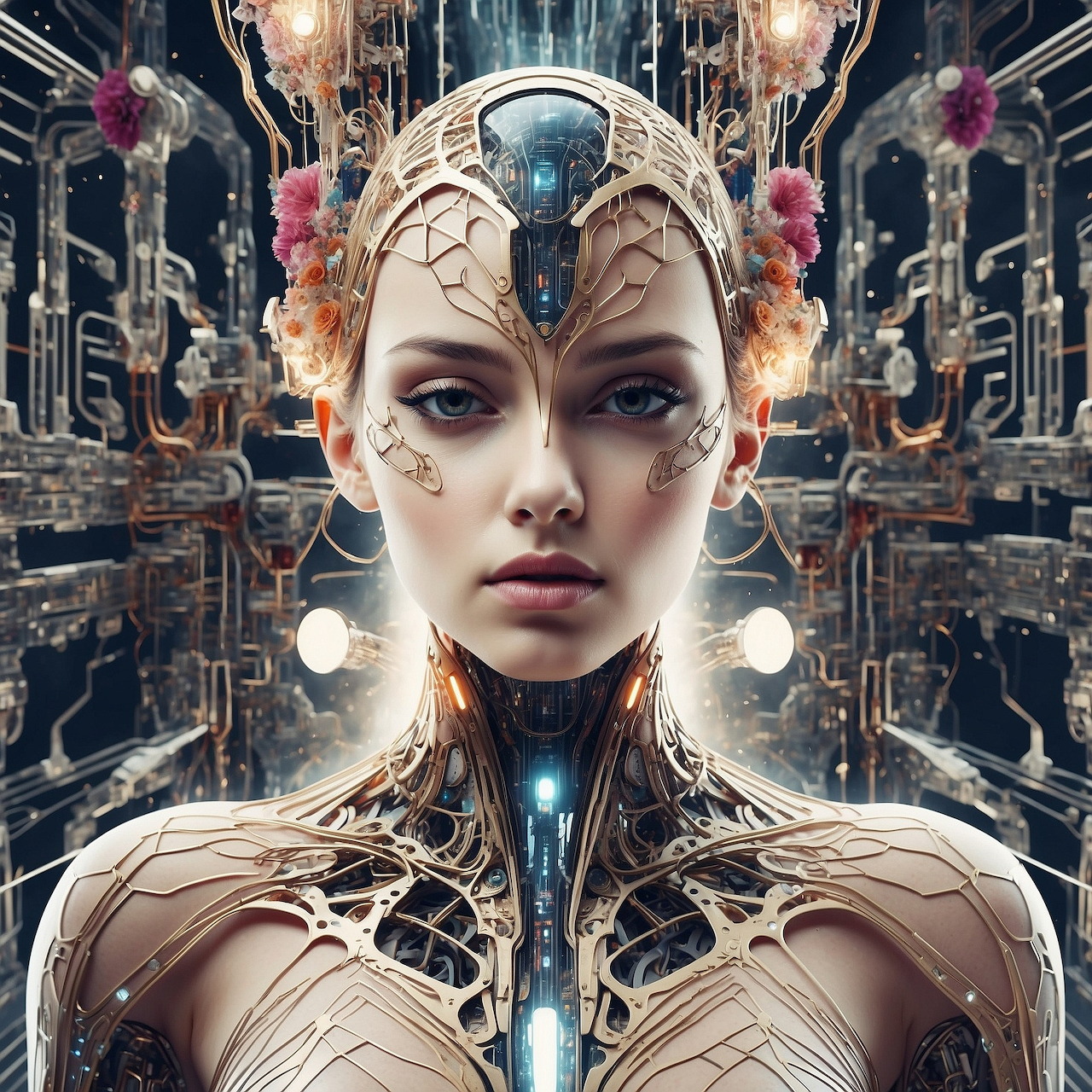 Close-up of a female cyborg with intricate metallic face and body details in a sci-fi interior