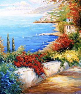 Colorful Mediterranean garden with flowers cascading down white walls toward blue sea and coastal buildings