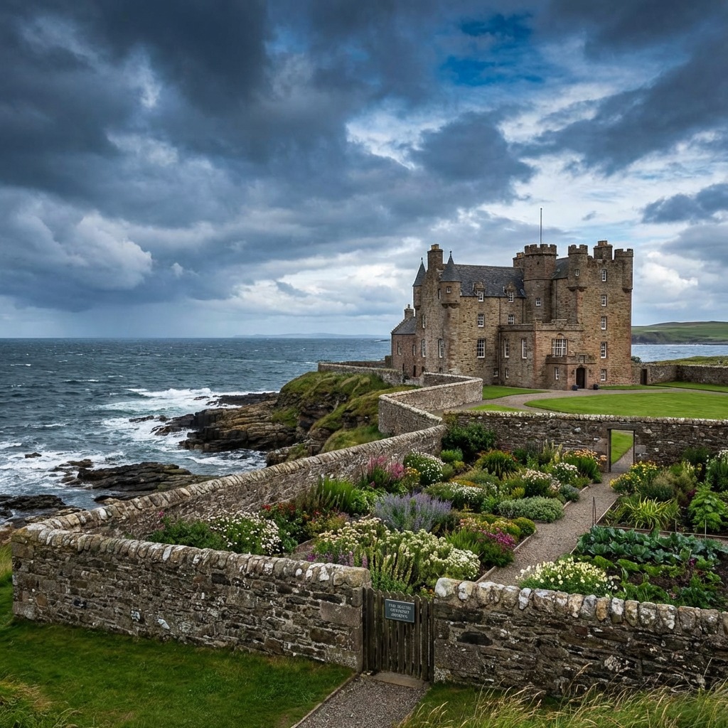 Stone castle on Scottish coast with dramatic sky and ocean view