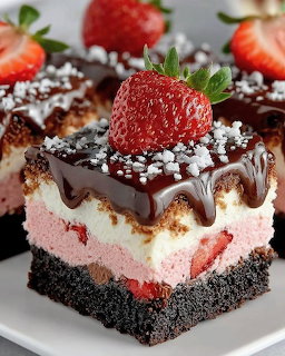 Layered chocolate strawberry mousse dessert bar with fresh strawberry on top and chocolate ganache drizzle