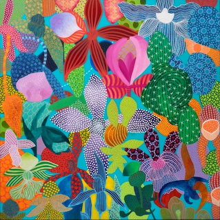 Colorful abstract collage of patterned flowers and cacti in vivid hues with dots, stripes, and geometric designs
