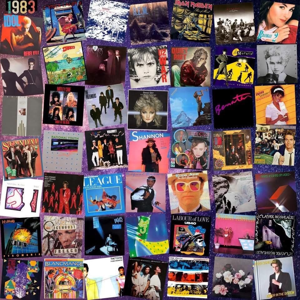 Collage of colorful 1983 pop album covers and record sleeve artwork