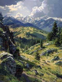Painting of snow-capped mountain range with green forested hills, rocks, and dramatic sky