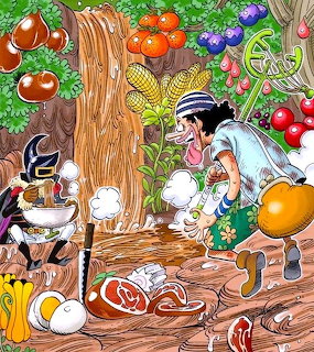 Anime characters in vibrant forest with mushrooms, flowers, and wooden structures