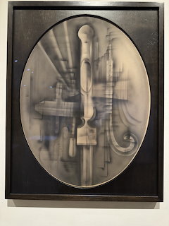 Framed oval abstract painting with geometric mechanical shapes in monochrome gray tones