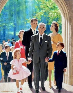 Vintage painting of a family dressed for church walking through a doorway together