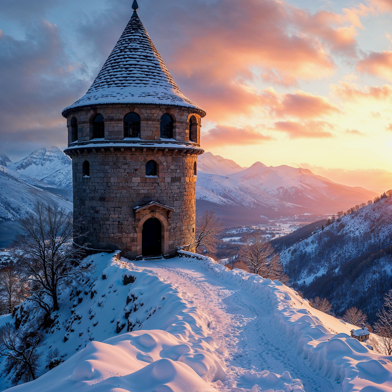 Stone tower on snowy mountain at sunset with orange clouds
