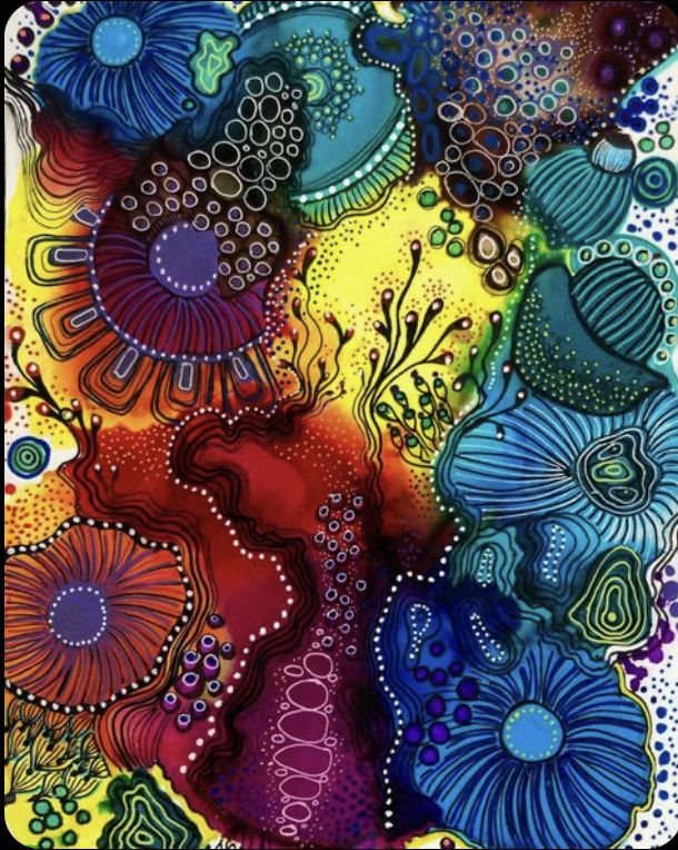 Colorful abstract illustration with swirling organic patterns and dotted textures