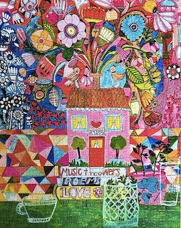 Colorful folk-art house beneath large patterned flowers and patchwork designs