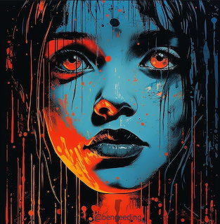 Pop art portrait woman face blue orange paint drips dark lips