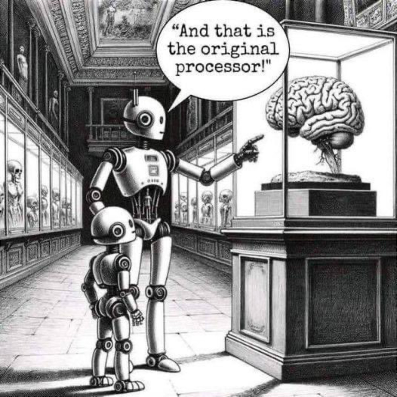 Black-and-white cartoon showing two robots in a museum beside a glass case holding a brain