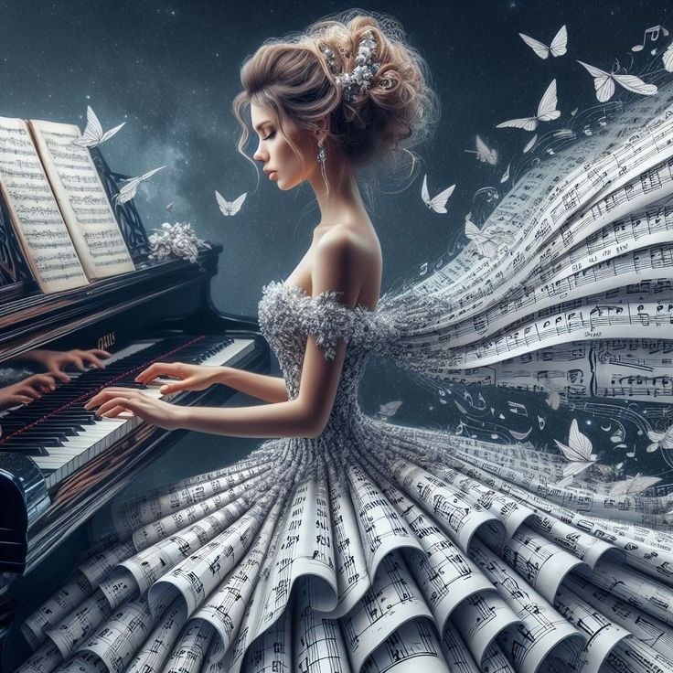 Woman in ornate white dress playing grand piano surrounded by flying doves in surreal digital artwork