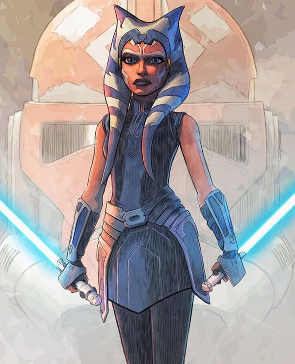 Illustration of Ahsoka Tano holding a blue lightsaber in a heroic pose