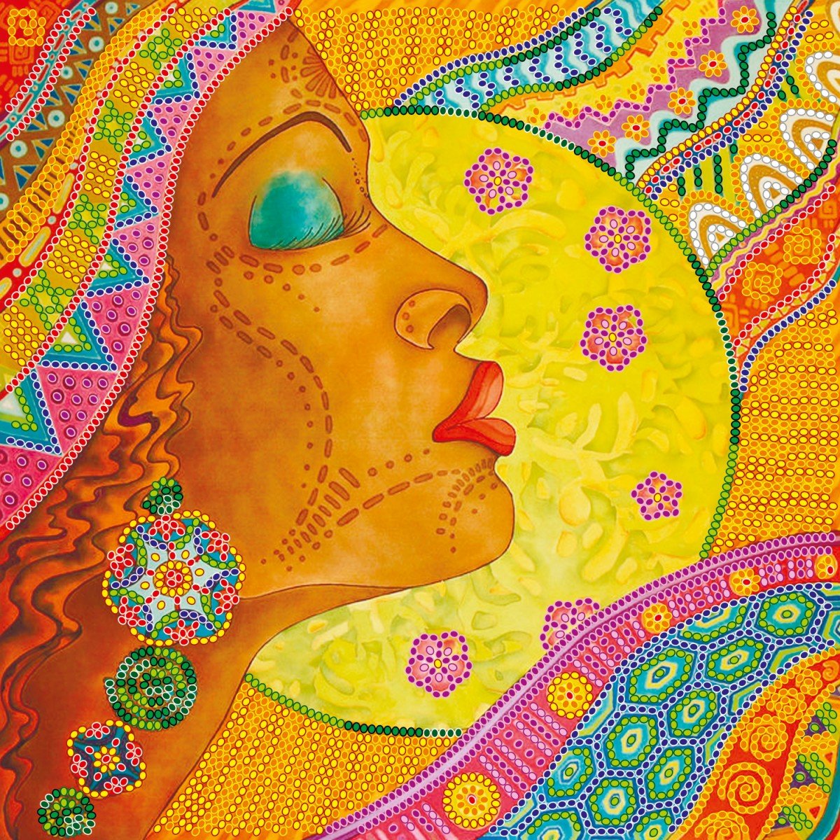 Colorful dot art portrait of woman in profile with geometric patterns and bright yellow background