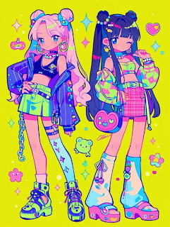 Two anime girls in vibrant purple and pink outfits with platform shoes on yellow background