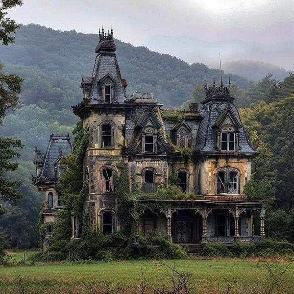 Dilapidated Victorian mansion with Gothic architecture surrounded by overgrown vegetation and misty mountain backdrop