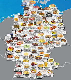 Map of Germany with illustrations of traditional German foods and regional dishes labeled across the country