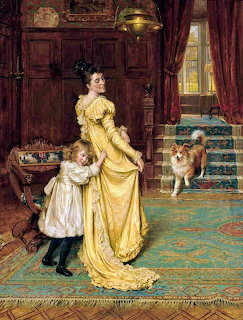 Victorian painting of girl playing with collie dog in ornate room with woman in yellow dress