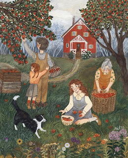 Folk art painting of people harvesting apples in orchard with red barn and dog