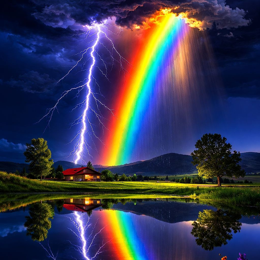 Rainbow and lightning bolt over green valley with pond reflection beneath stormy clouds