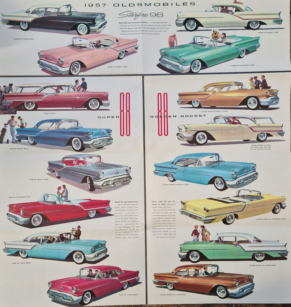 Vintage 1957 Oldsmobile dealer brochure displaying multiple colorful car models in rows