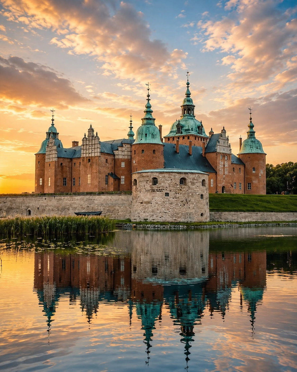 Kalmar Castle in Sweden at sunset reflected in calm water