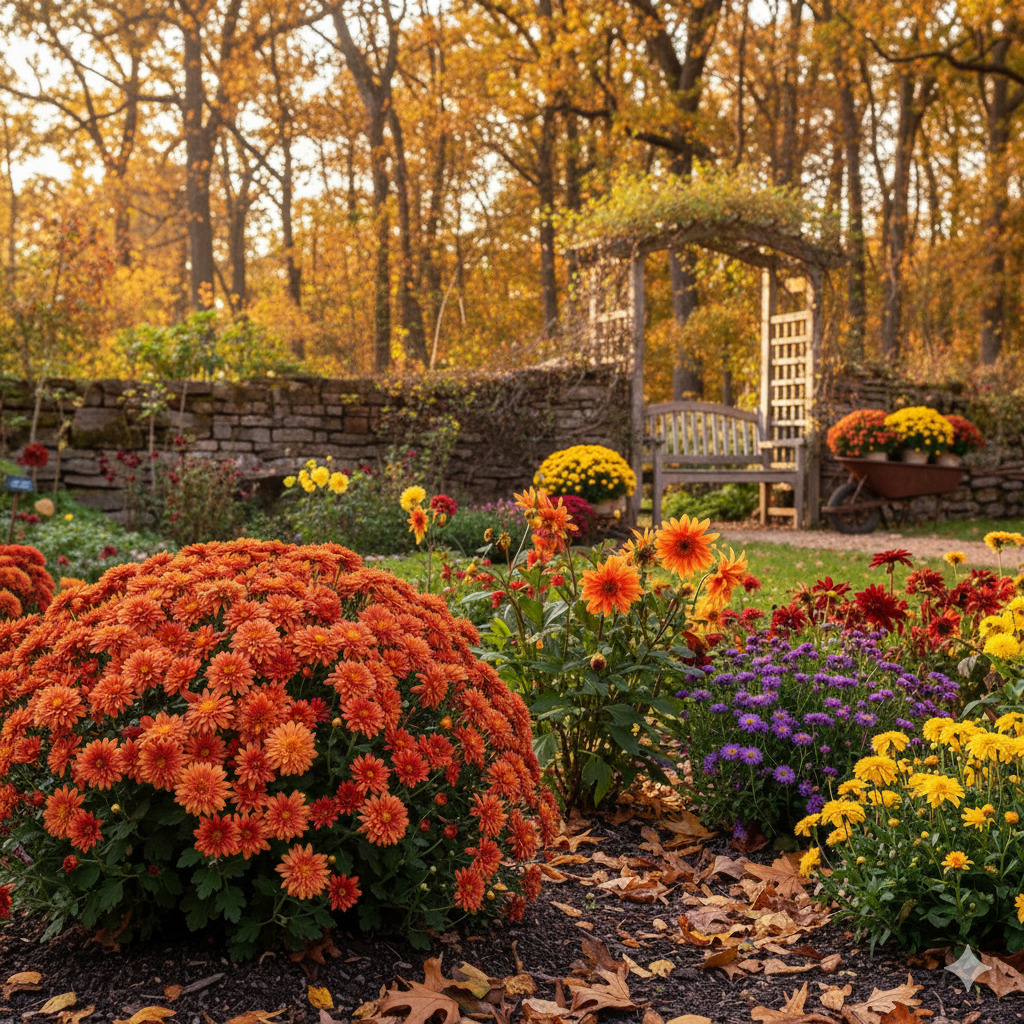 Colorful chrysanthemums in an autumn garden with a wooden arbor, stone wall, and golden trees