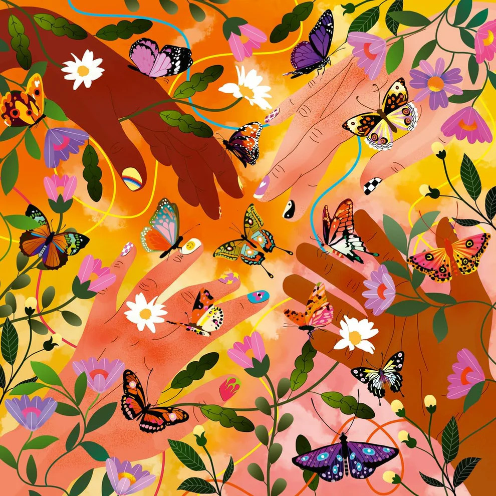 Colorful butterflies and flowers with leafy vines on an orange illustrated background