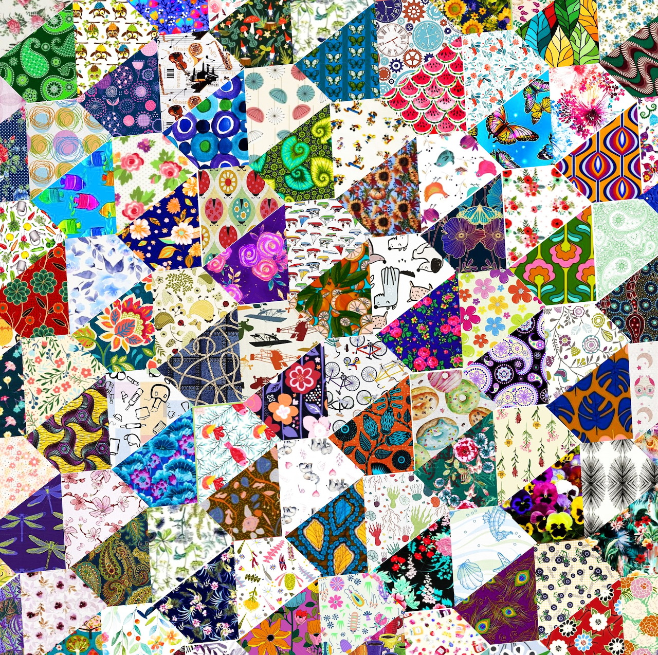 Colorful patchwork quilt with triangular patches showing various patterns including flowers, dots, and geometric designs