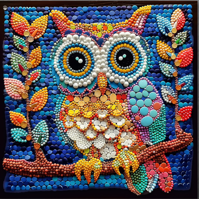 Colorful beaded mosaic of an owl with large eyes surrounded by butterflies on blue background