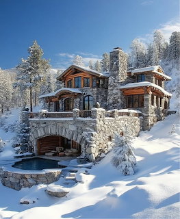 Snow-covered mountain chalet with stone walls and wooden balconies surrounded by frosted pine trees