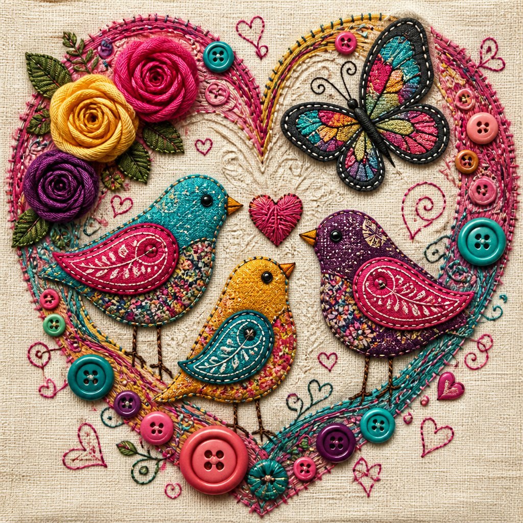 Colorful embroidered birds, butterfly, and roses forming a heart on beige fabric