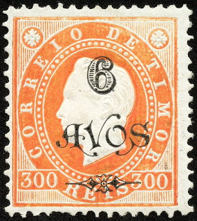 Vintage orange Timor 300 Reis postage stamp with profile portrait and 6 Avos overprint