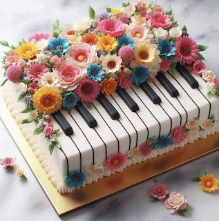 Cake decorated as piano keyboard with colorful flowers on white frosted keys