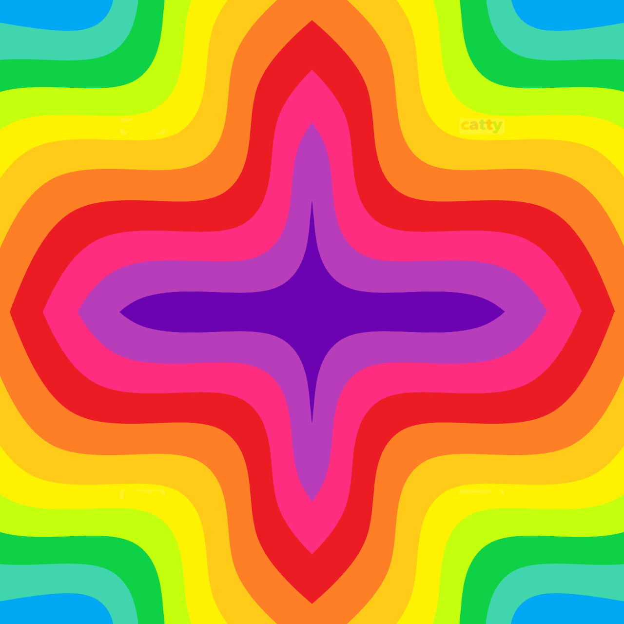 Colorful abstract cross with concentric rainbow gradient bands radiating from purple center