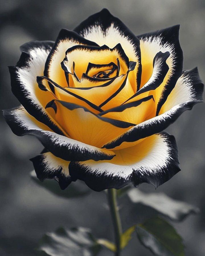 Yellow rose with black-edged petals and white frost-like tips on dark background