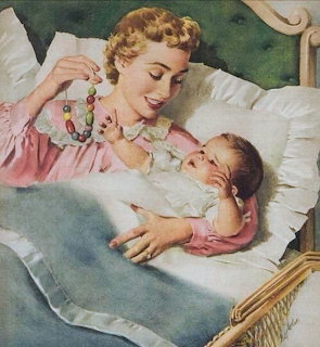 Vintage illustration showing a smiling mother looking down at her baby lying in a white bed