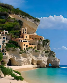 Houses on white cliffs above turquoise Mediterranean beach