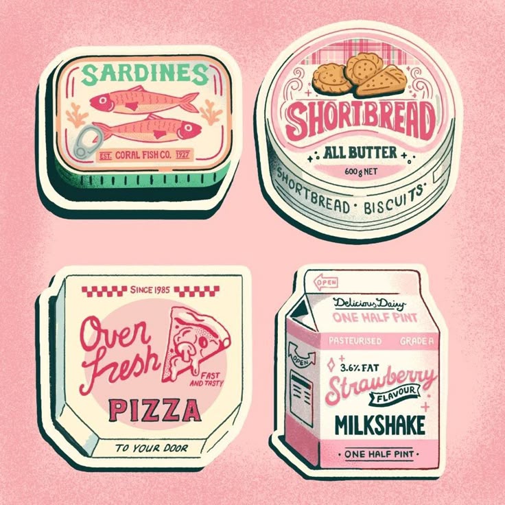 Illustration of four retro food packages on a pink background