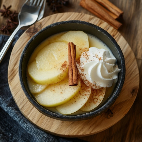 Caramelized apple slices with whipped cream and cinnamon in bowl on wooden board