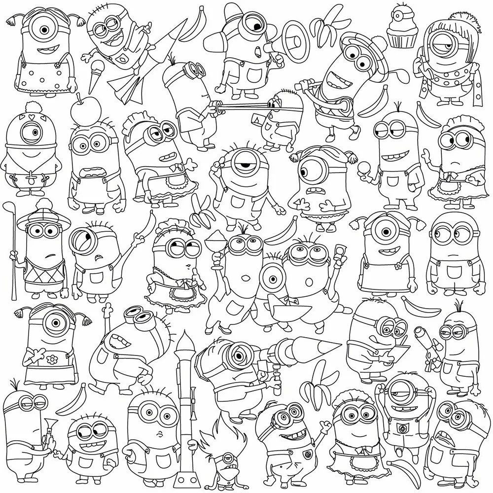Black-and-white drawing of many Minions characters in assorted poses and outfits