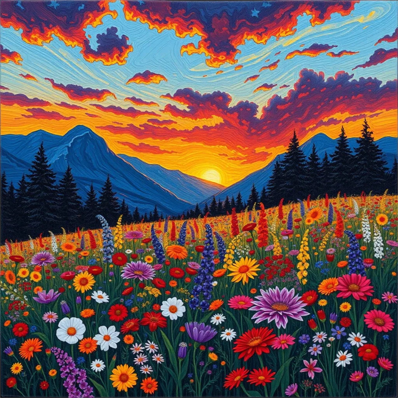 Wildflower Field Mountain Sunset