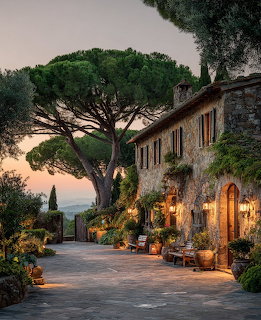 Rustic stone villa along a quiet lane with lit windows and umbrella pines at sunset