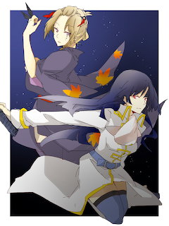 Anime illustration of two female characters in action poses with autumn leaves and night sky background