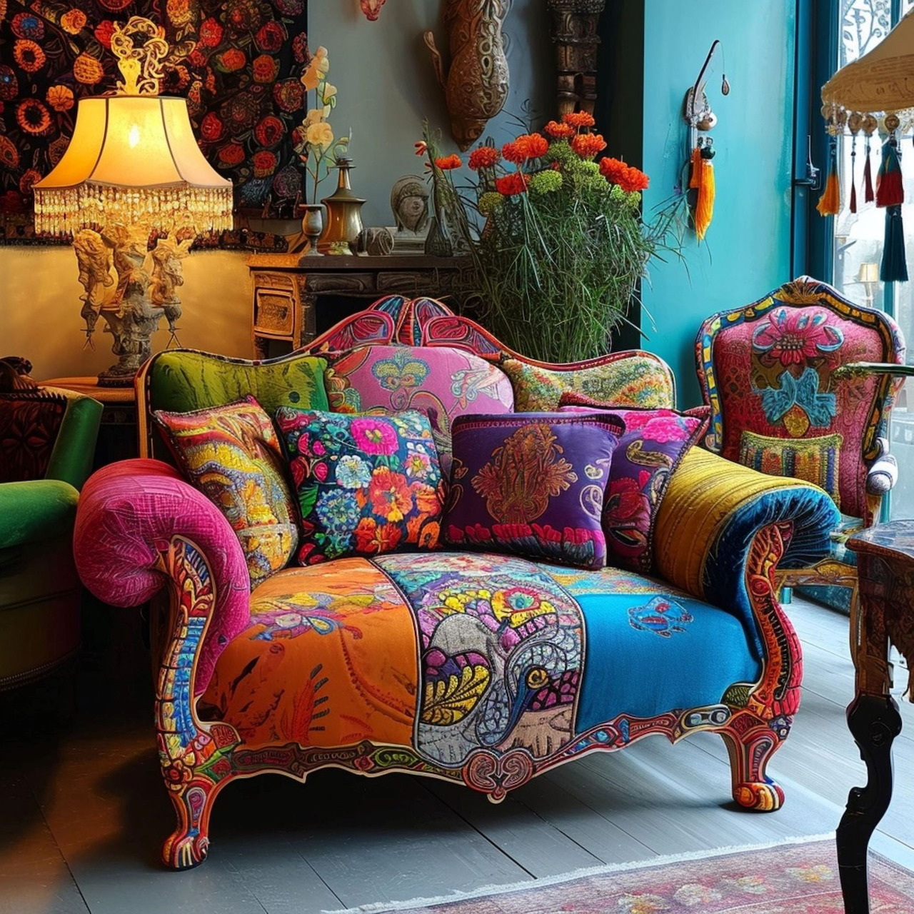 Colorful patchwork armchair with floral cushions in bohemian interior with plants and vintage decor