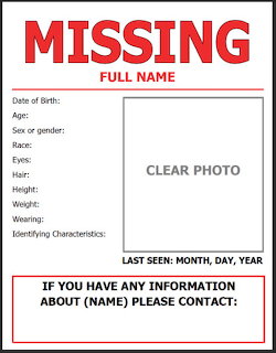 Missing person poster template with red text headers and blank fields for name, age, description, and photo