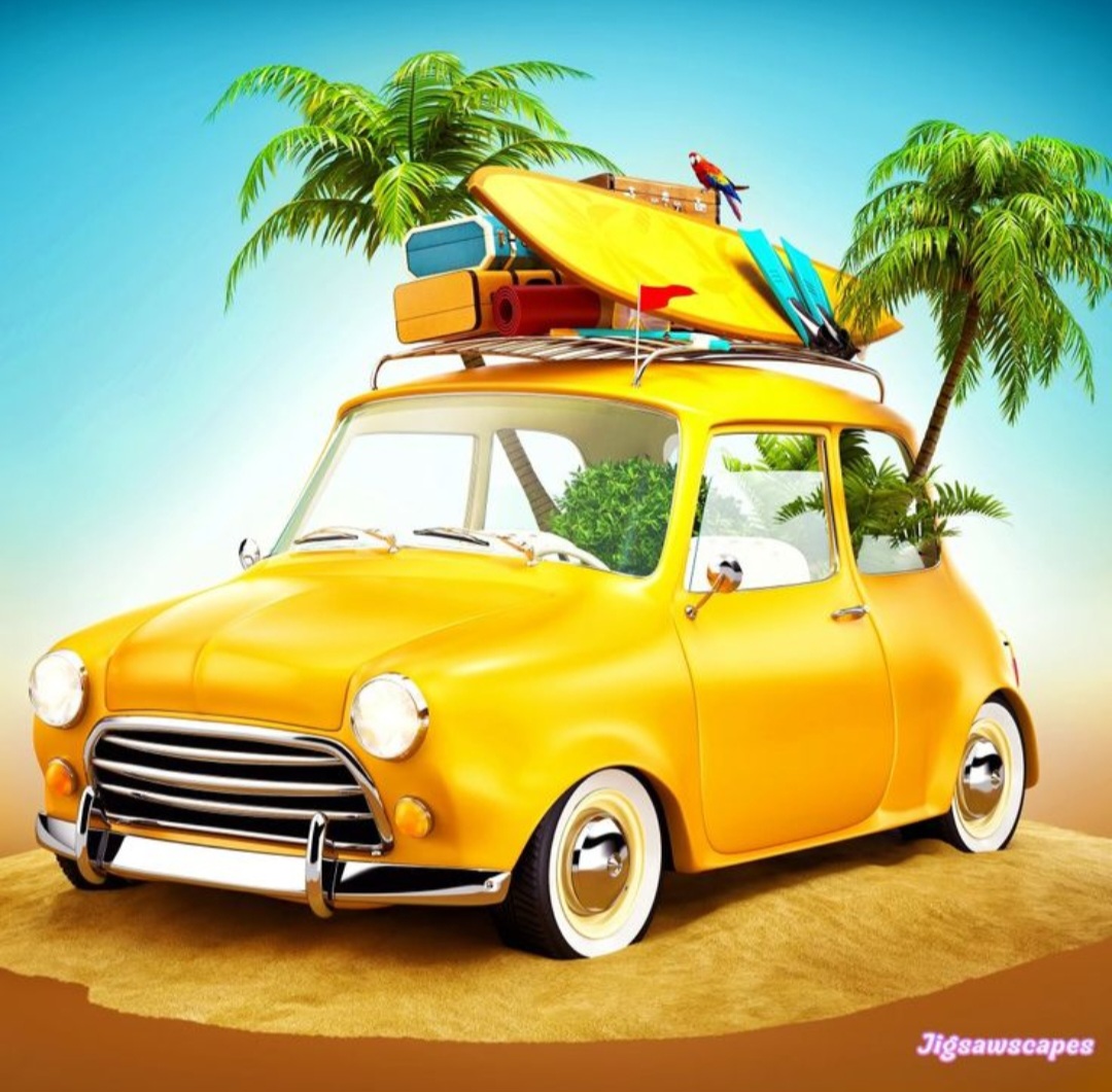Yellow retro car with surfboard and suitcases on roof, palm trees, beach setting