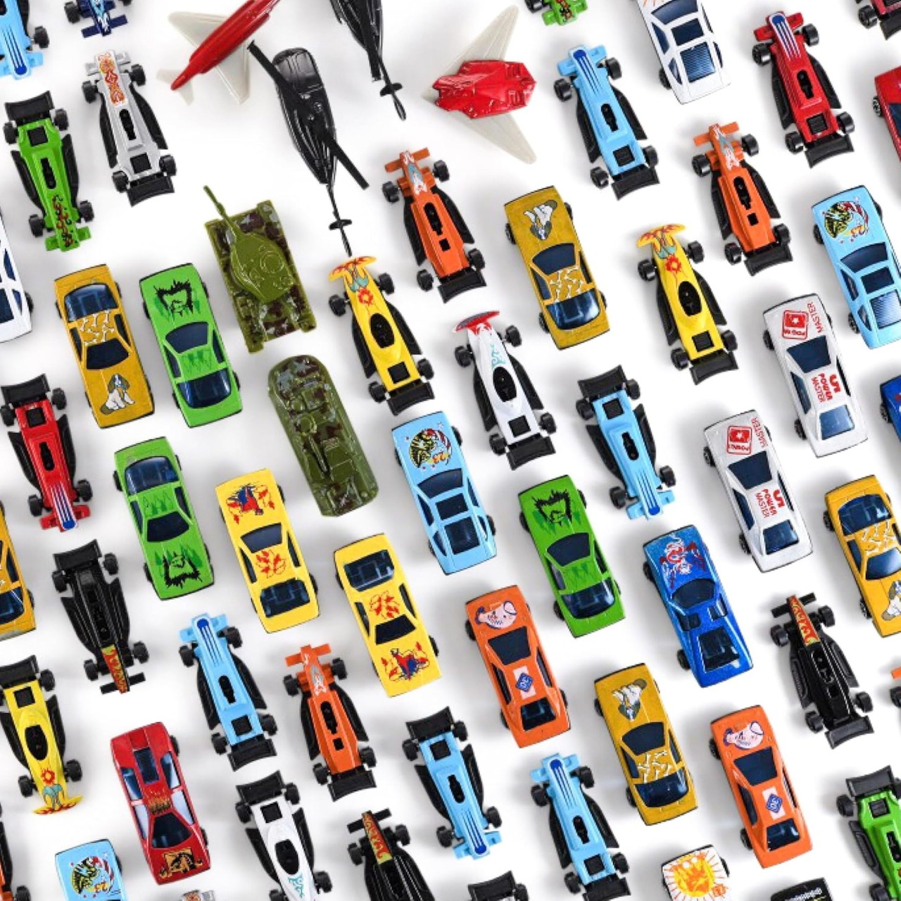 Colorful toy race cars scattered on a white background