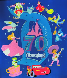 Disneyland 70th anniversary celebration artwork with Disney characters around castle logo on blue background