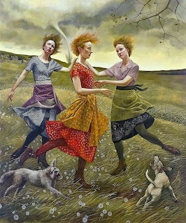 Painting of three red-haired women dancing in a windy field with two white dogs and stormy sky
